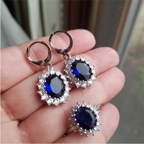 Swarovski Elements 925 Sterling Silver Blue Sapphire Diana Earrings & Ring SET - Picture 1 of 10